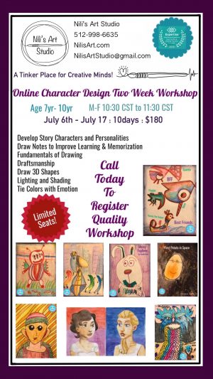 Nilis Art Studio 2020 Summer Workshop Character Design, Best Art Studio in North Austin and Cedar Park