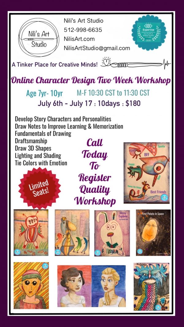 Nilis Art Studio 2020 Summer Workshop Character Design, Best Art Studio in North Austin and Cedar Park